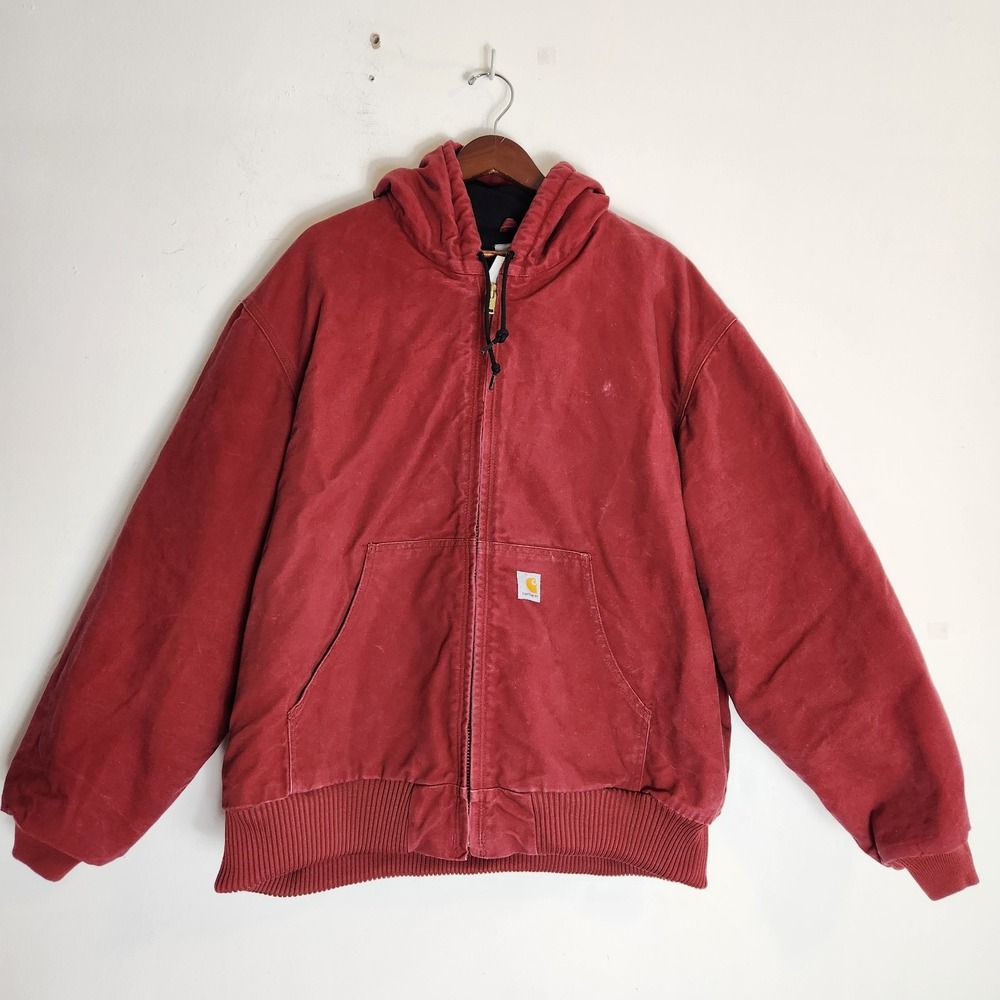 Vintage Carhartt Active Jacket 2XL Crimson Red Quilted Flannel Hooded Workwear